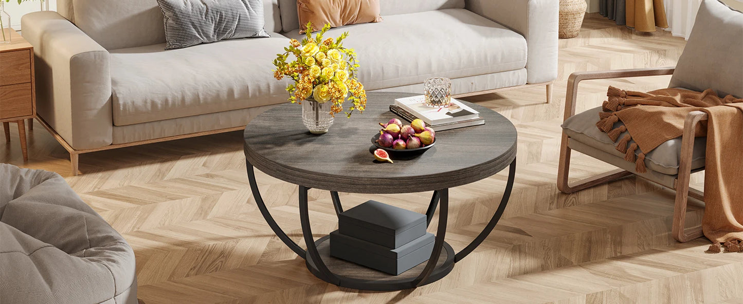Table basse Marc — bois, style industriel, rangement intégré, 2 niveaux