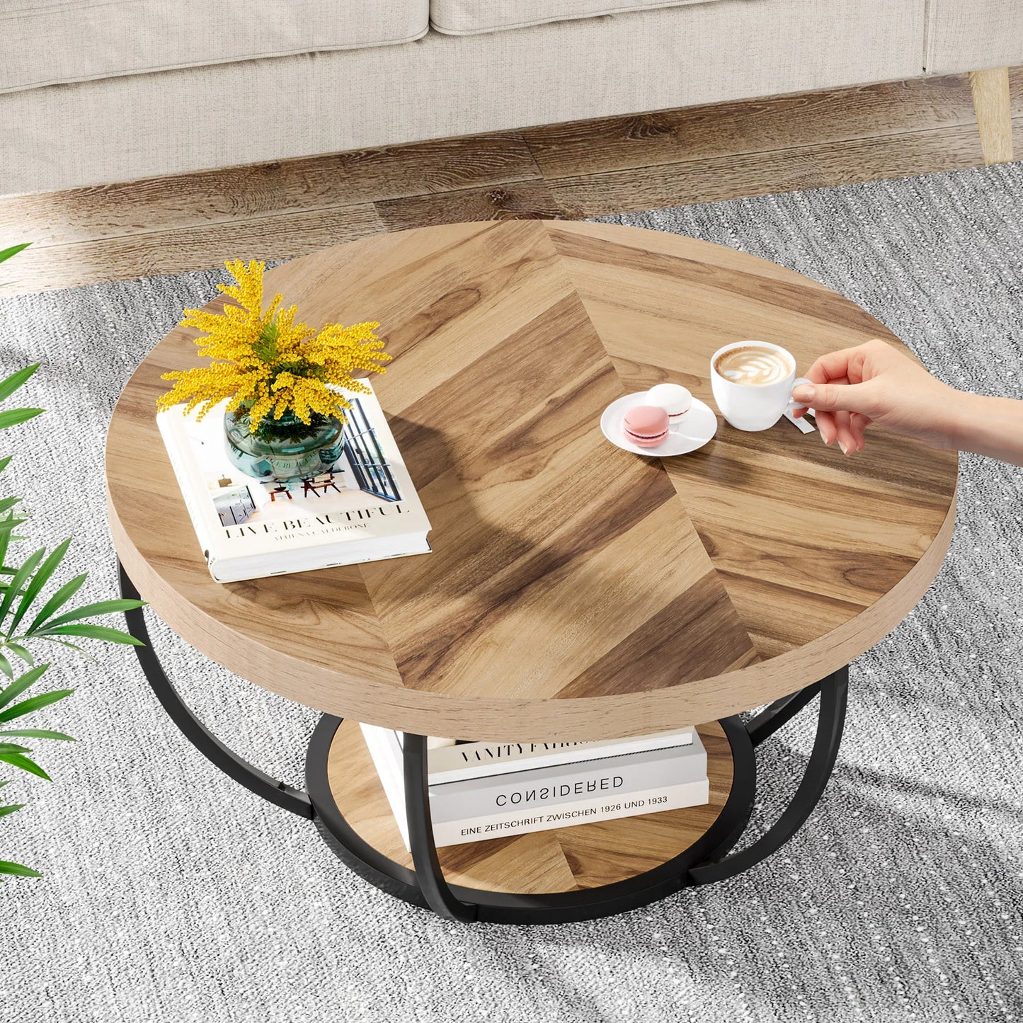 Table basse Marc — bois, style industriel, rangement intégré, 2 niveaux