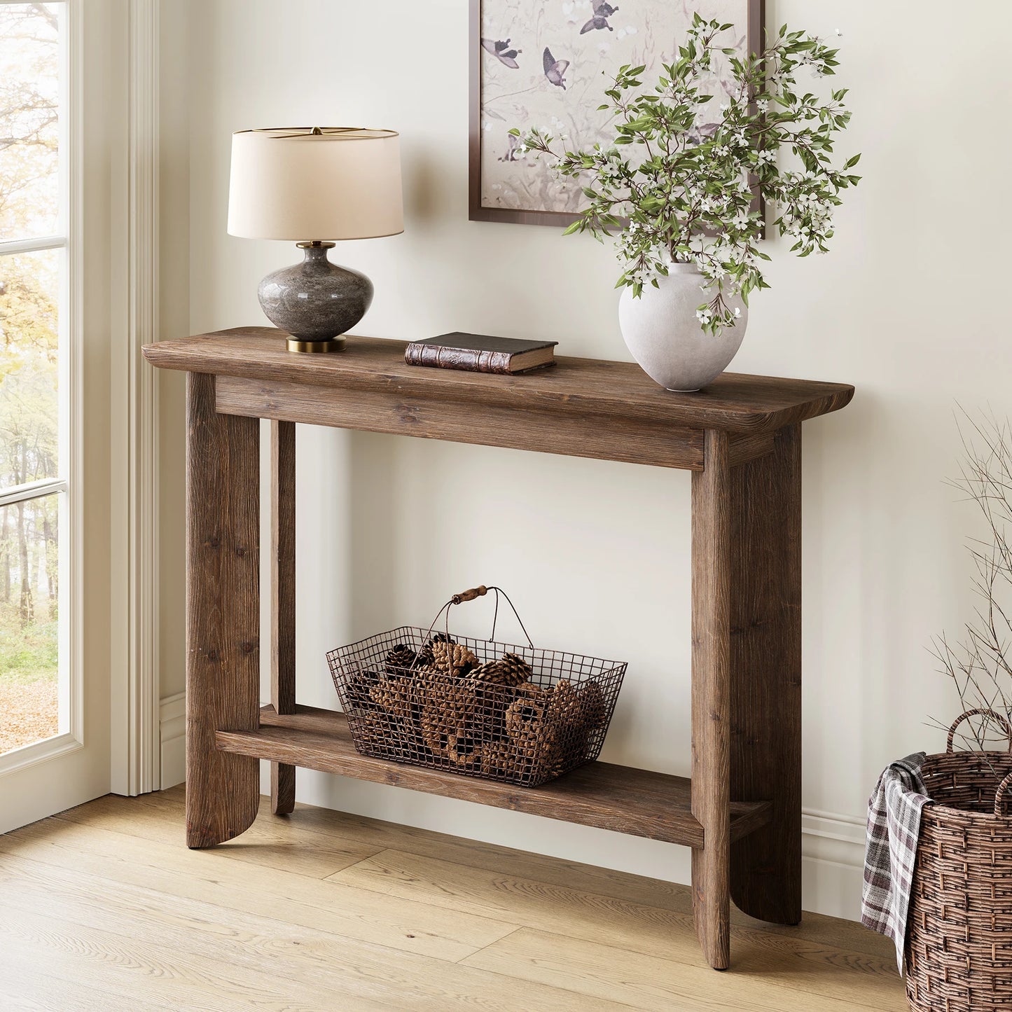Console Inès — finition noyer, bois massif, design contemporain, 2 niveaux
