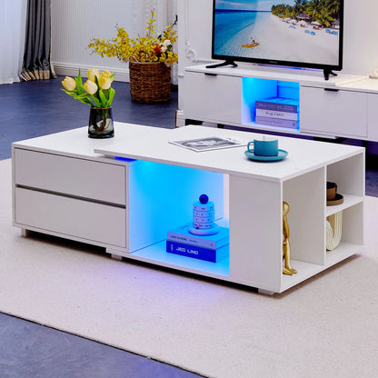 Extendable Coffee Table with LED Light, Living Room Centre Table with 4 Storage Drawers Shelves, Modern Wooden Sofa Side Table