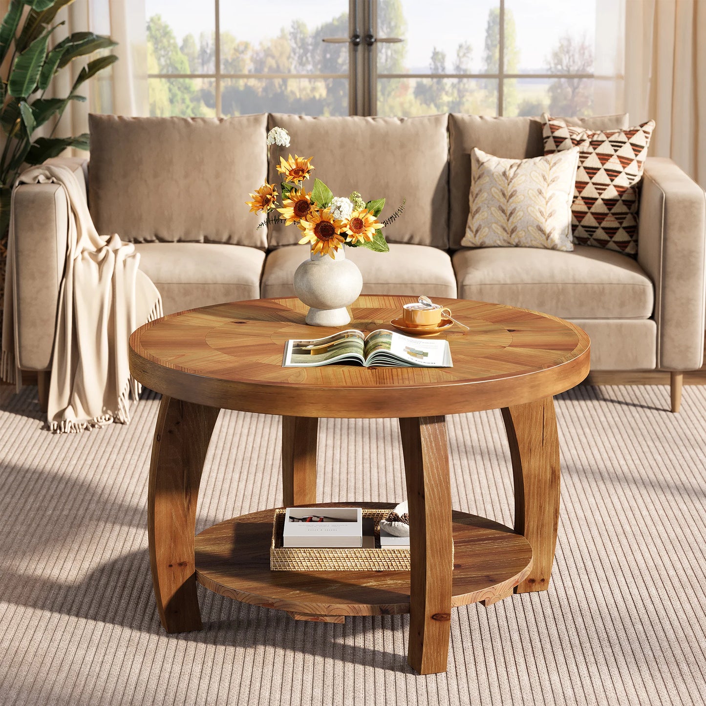 Table basse Yvonne — finition marron, bois massif, rangement intégré, 2 niveaux