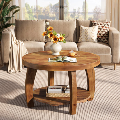 Table basse Yvonne — finition marron, bois massif, rangement intégré, 2 niveaux
