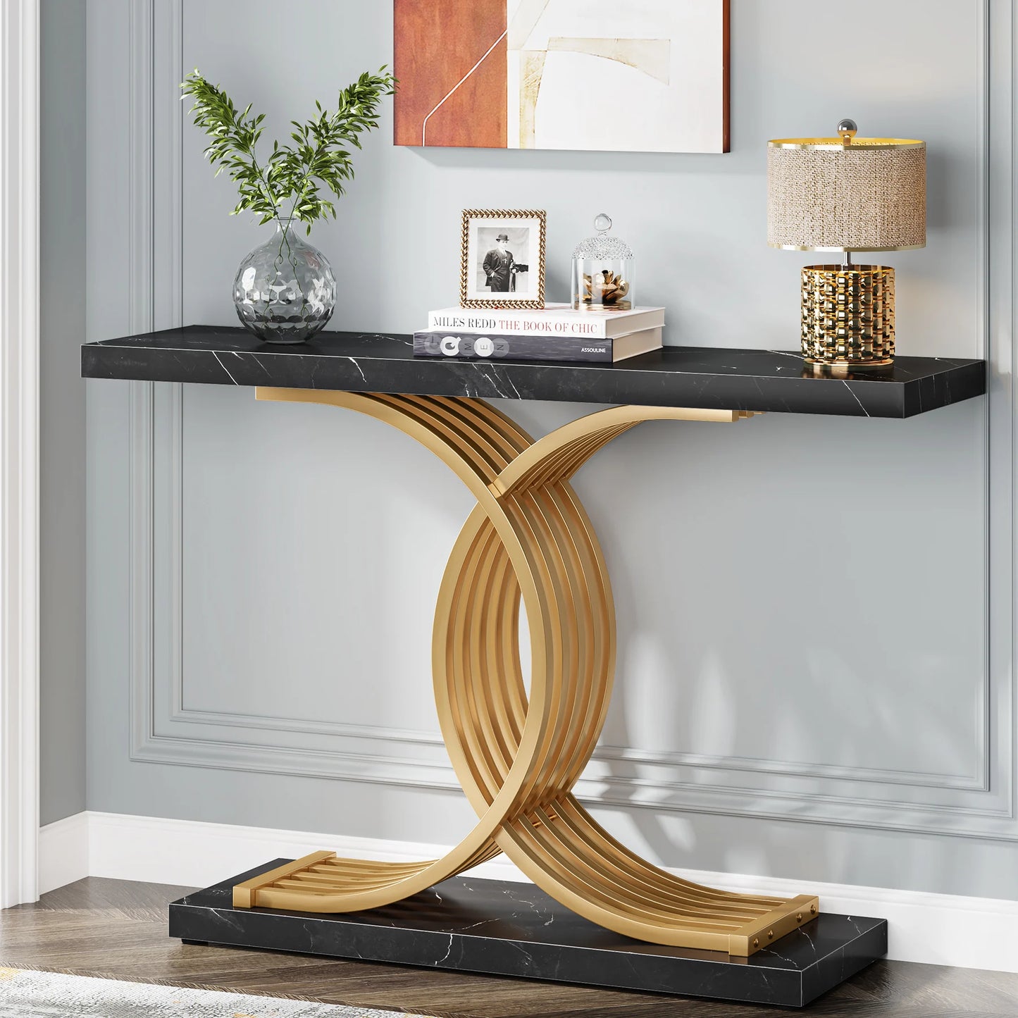 Console Axel — finition dorée, bois, marbre, métal