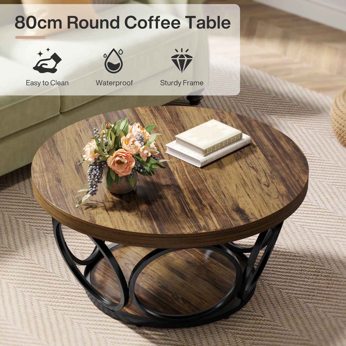 Table basse Denis — bois, métal, rangement intégré, 2 niveaux