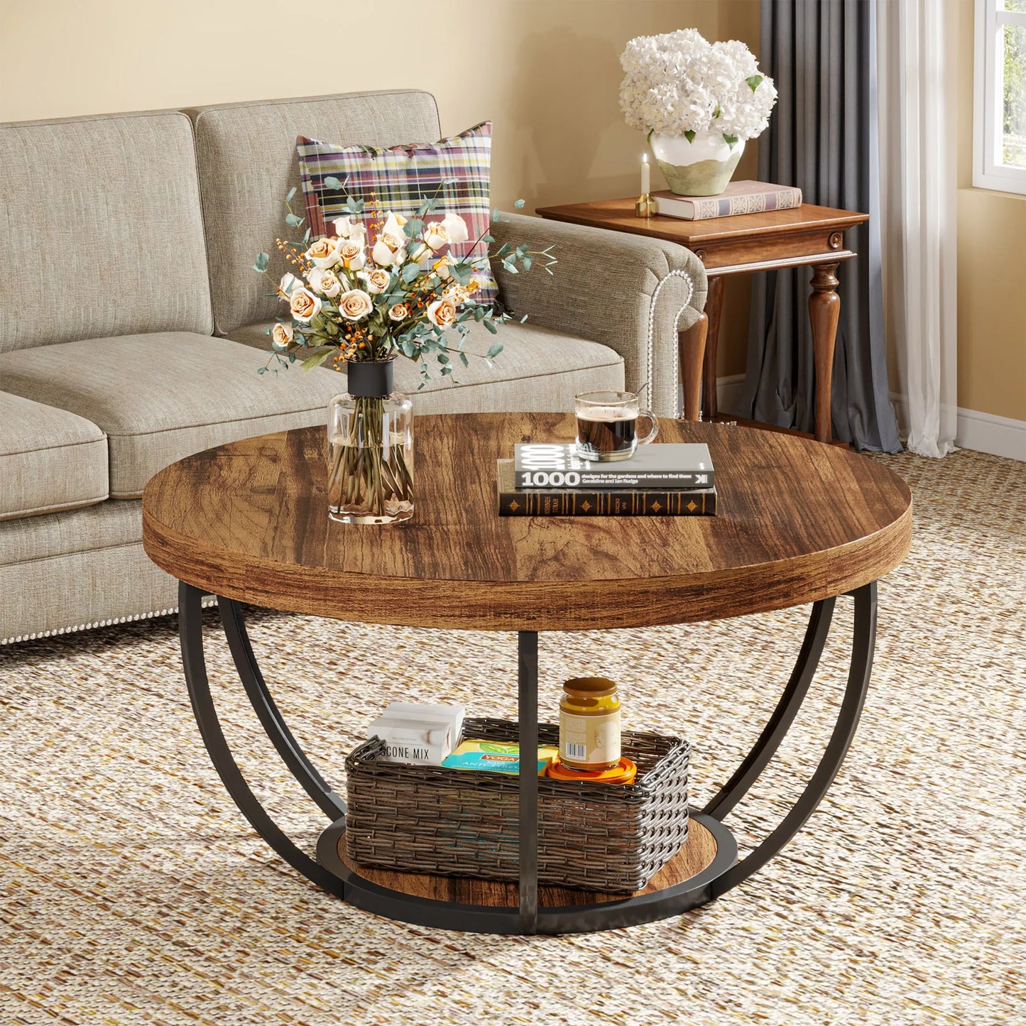 Table basse Marc — bois, style industriel, rangement intégré, 2 niveaux