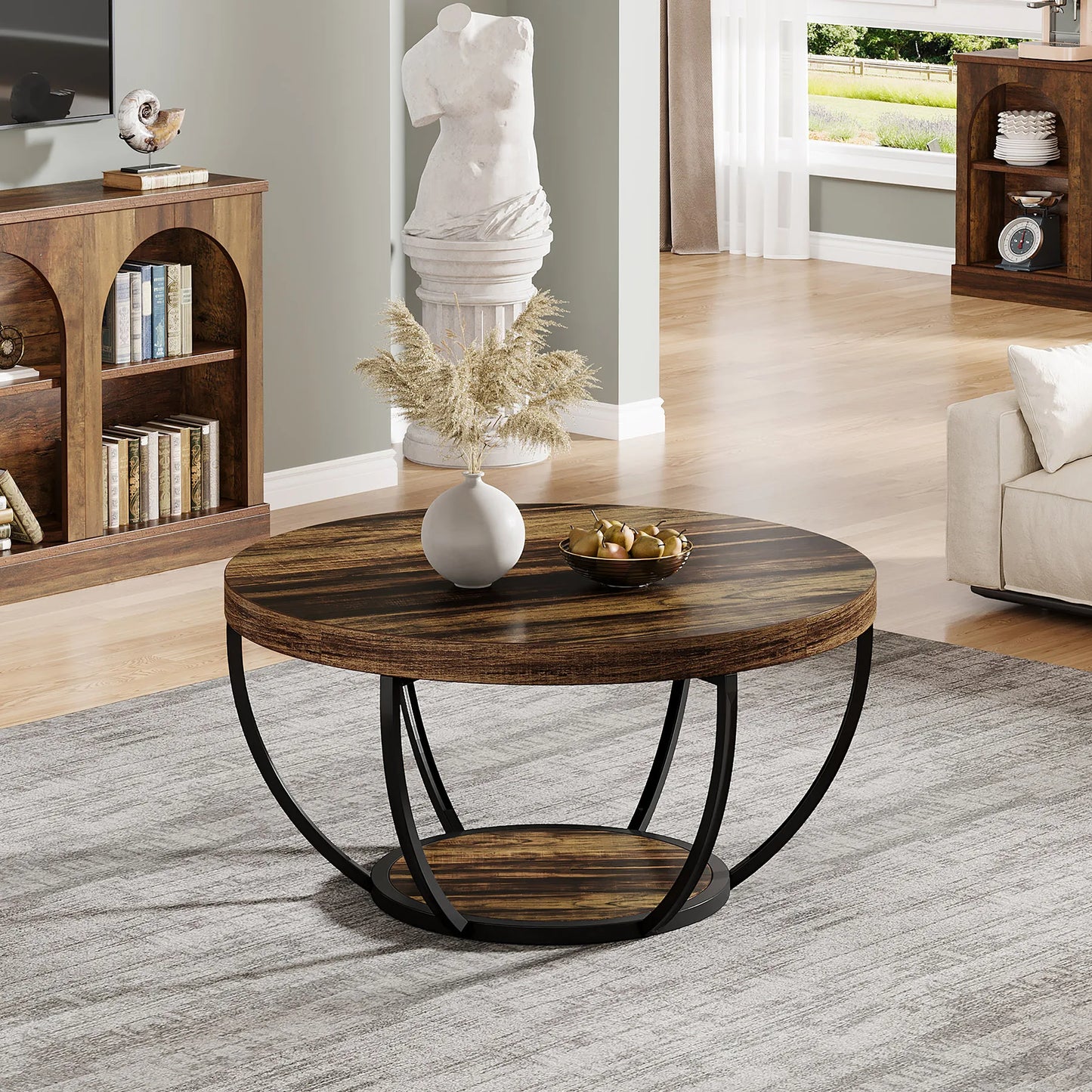 Table basse Jérôme — bois, style industriel, rangement intégré, 2 niveaux