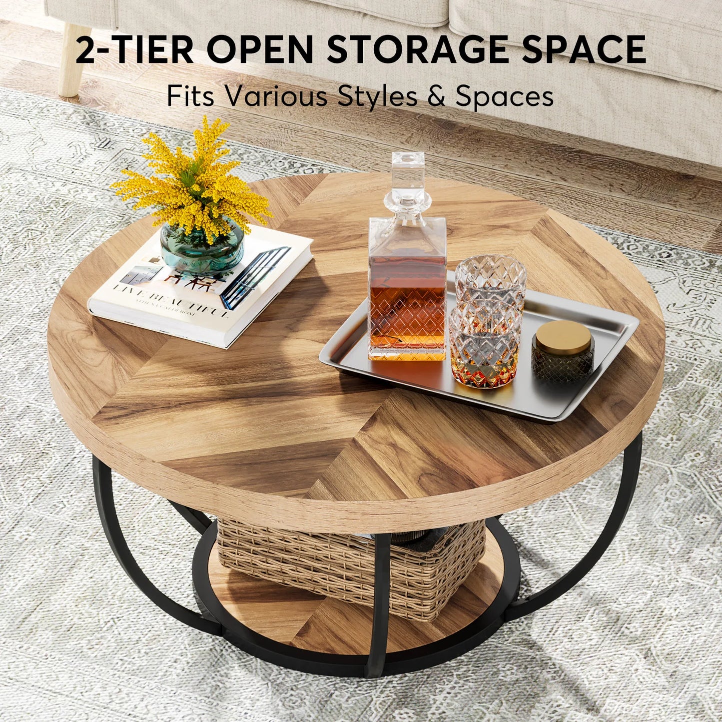 Table basse Marc — bois, style industriel, rangement intégré, 2 niveaux