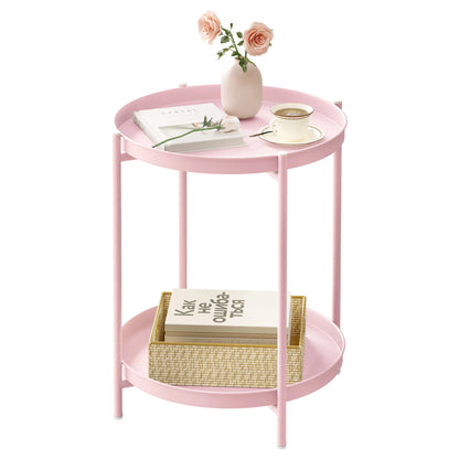 WOLTU Round Coffee Table with Storage Space 2 Removable Trays Metal Sofa Table for Living Room Modern Bedside Table for Bedroom