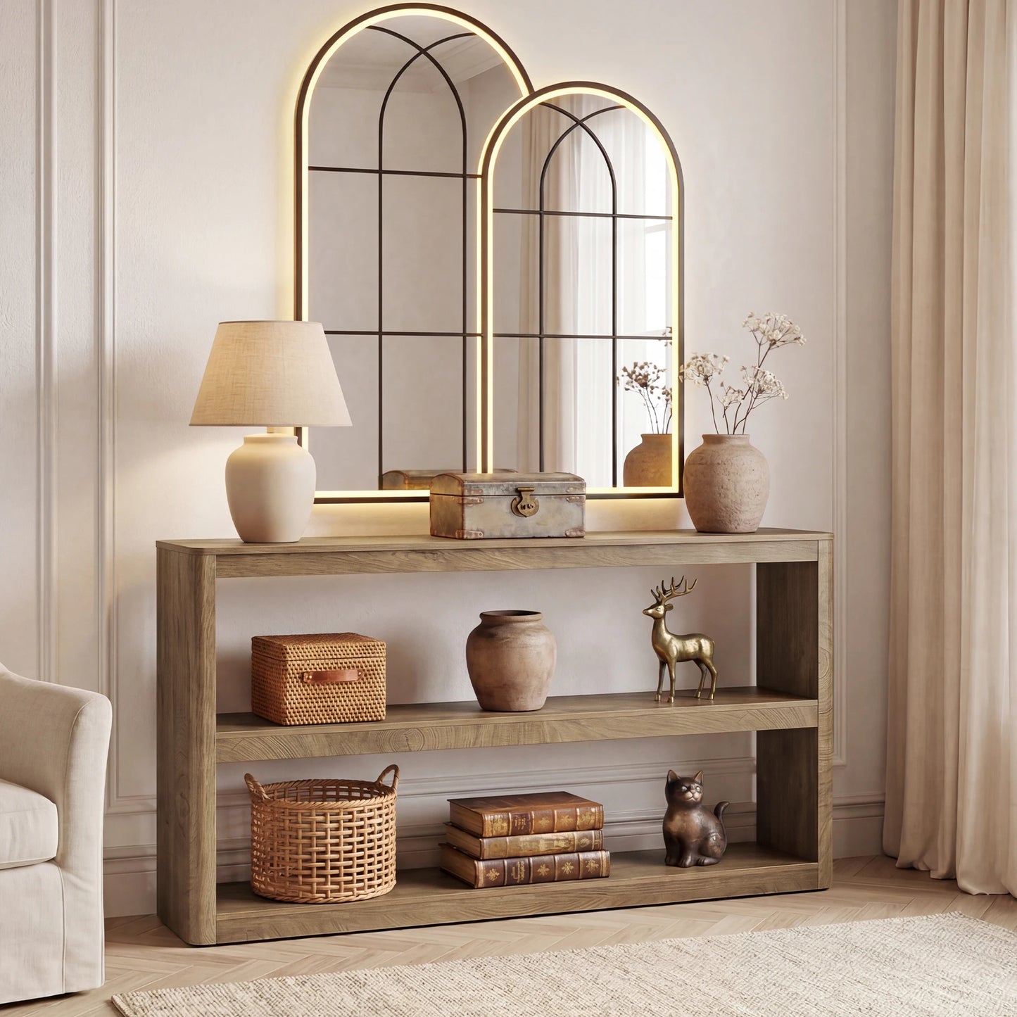 Console Élise — design contemporain, rangement intégré, étagères ouvertes