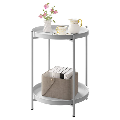 WOLTU Round Coffee Table with Storage Space 2 Removable Trays Metal Sofa Table for Living Room Modern Bedside Table for Bedroom