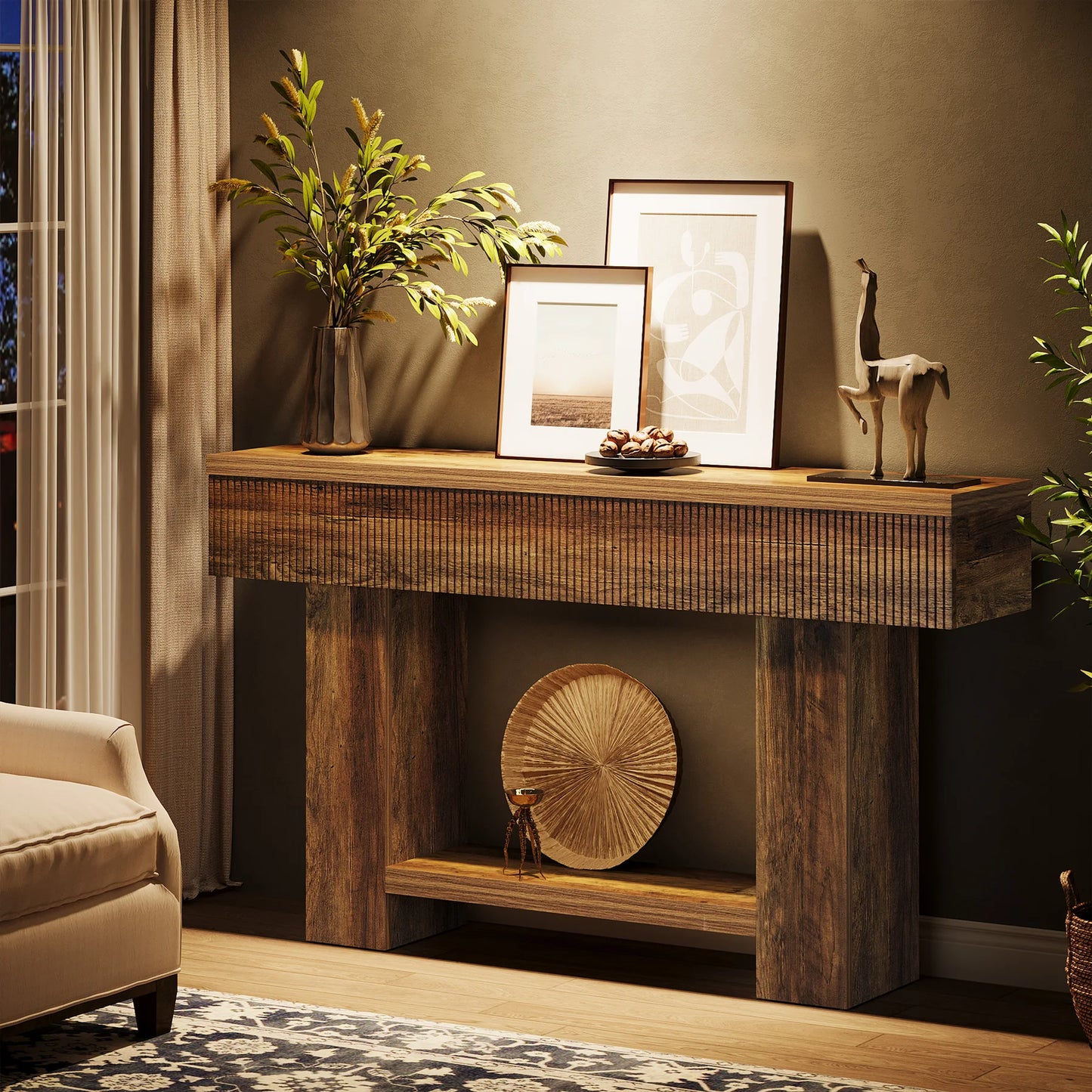 Console Ophélie — bois, style rustique, rangement intégré, 2 niveaux