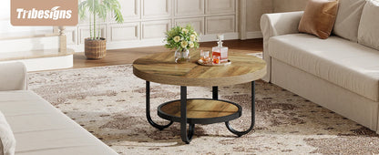 Table basse Ursule — rangement intégré, 2 niveaux, ronde, étagères ouvertes