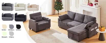 3-in-1 Single Sofa Bed with USB and Type-C, Adjustable Backrest TV Chair with Drink Holder and Armrest for Small Room Apartments