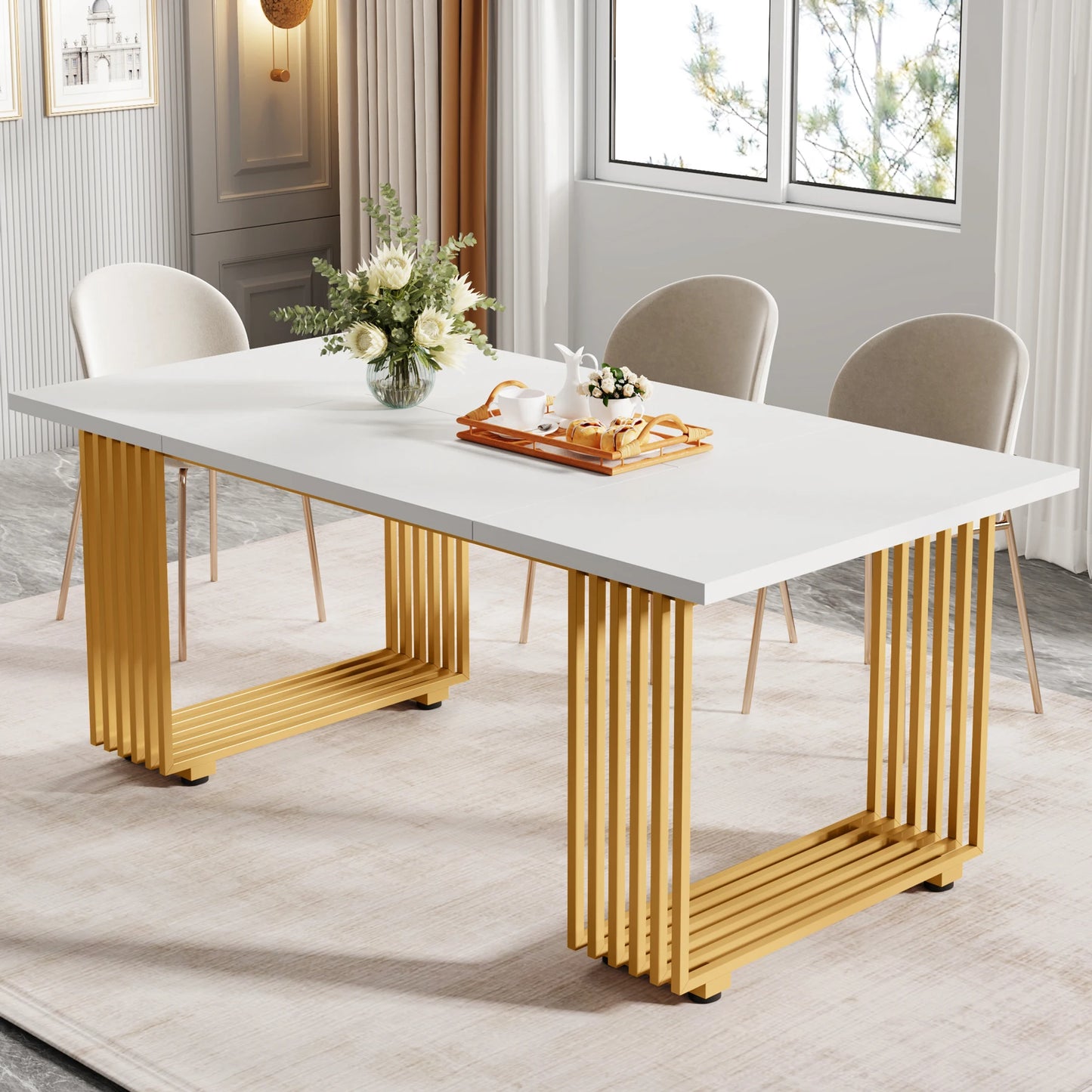 Table de salle à manger Louise — finition blanche, marbre, design contemporain, rectangulaire