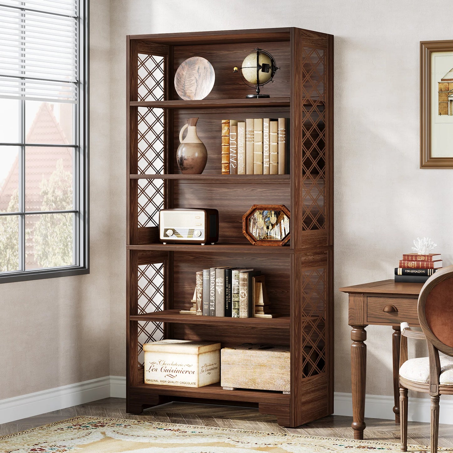 Bibliothèque Delphine — style industriel, rangement intégré, 6 niveaux, étagères ouvertes