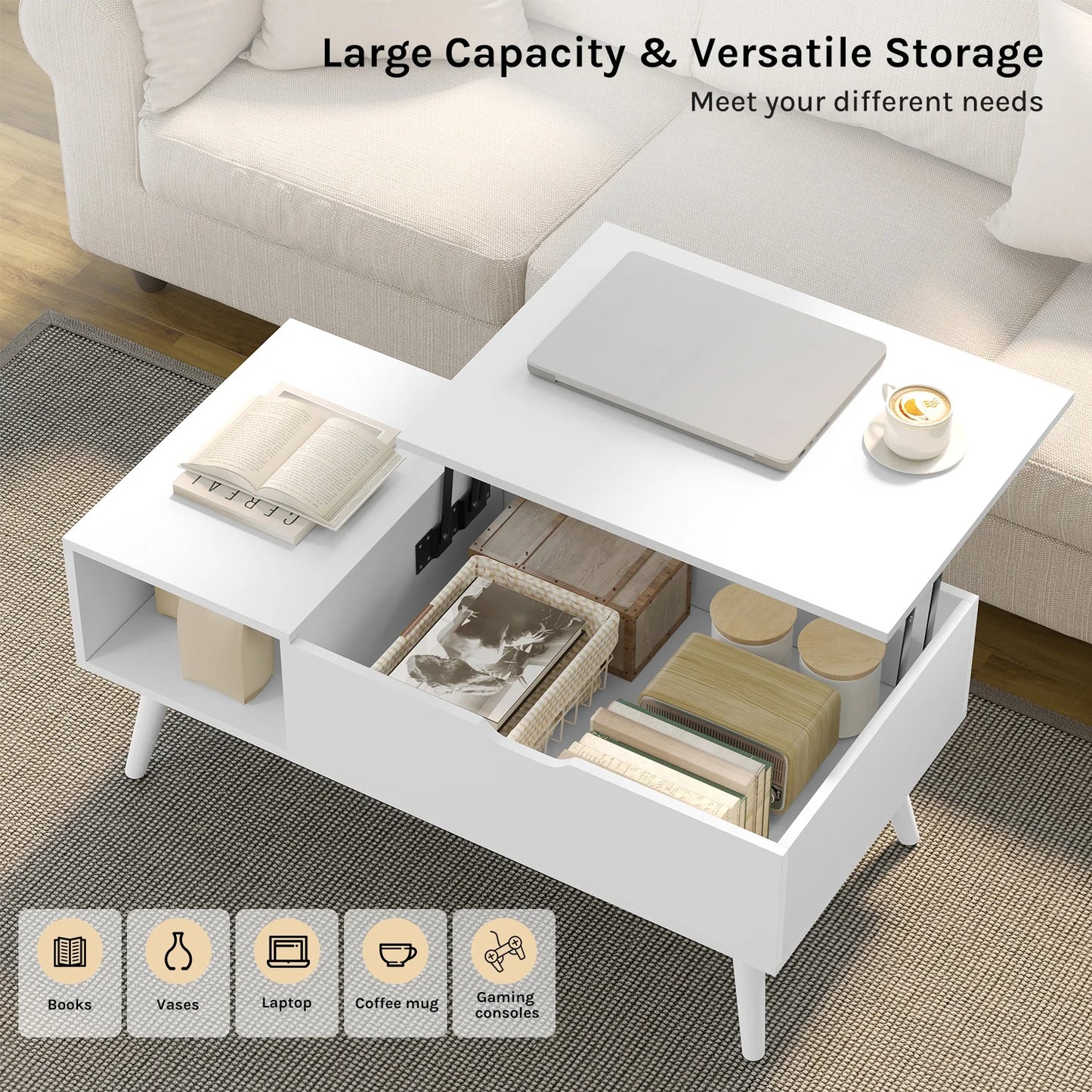 WOLTU Height-Adjustable Coffee Table Living Room Table with Hidden Storage Lifting Board Folding Table for Side Sofa Decor Home