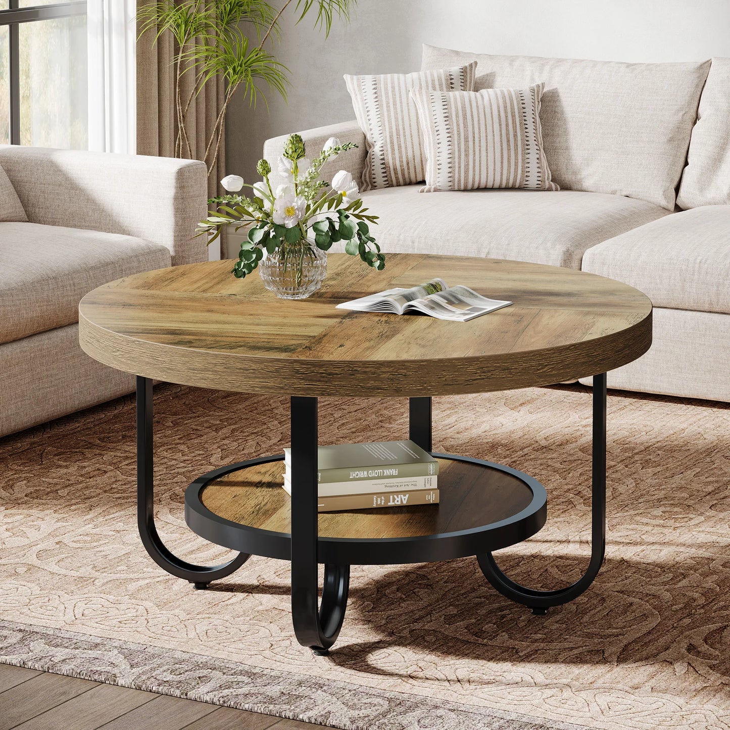 Table basse Ursule — rangement intégré, 2 niveaux, ronde, étagères ouvertes