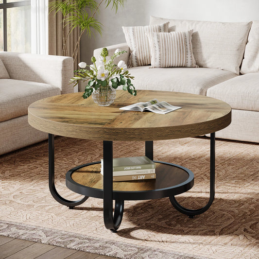 Table basse Ursule — rangement intégré, 2 niveaux, ronde, étagères ouvertes