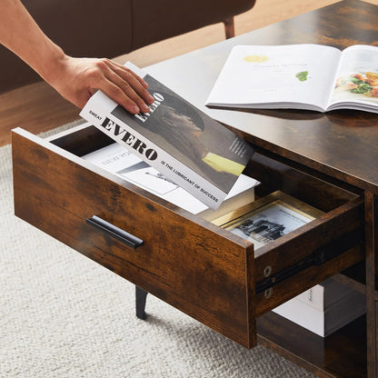Coffee Table with Storage, Wooden Centre Table Living Room with 4 Drawers and 4 Open Shelves, Modern Rectangle Tea Table