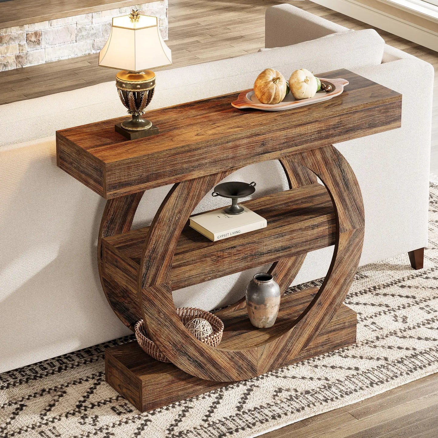 Console Franck — bois, métal, rangement intégré, 3 niveaux