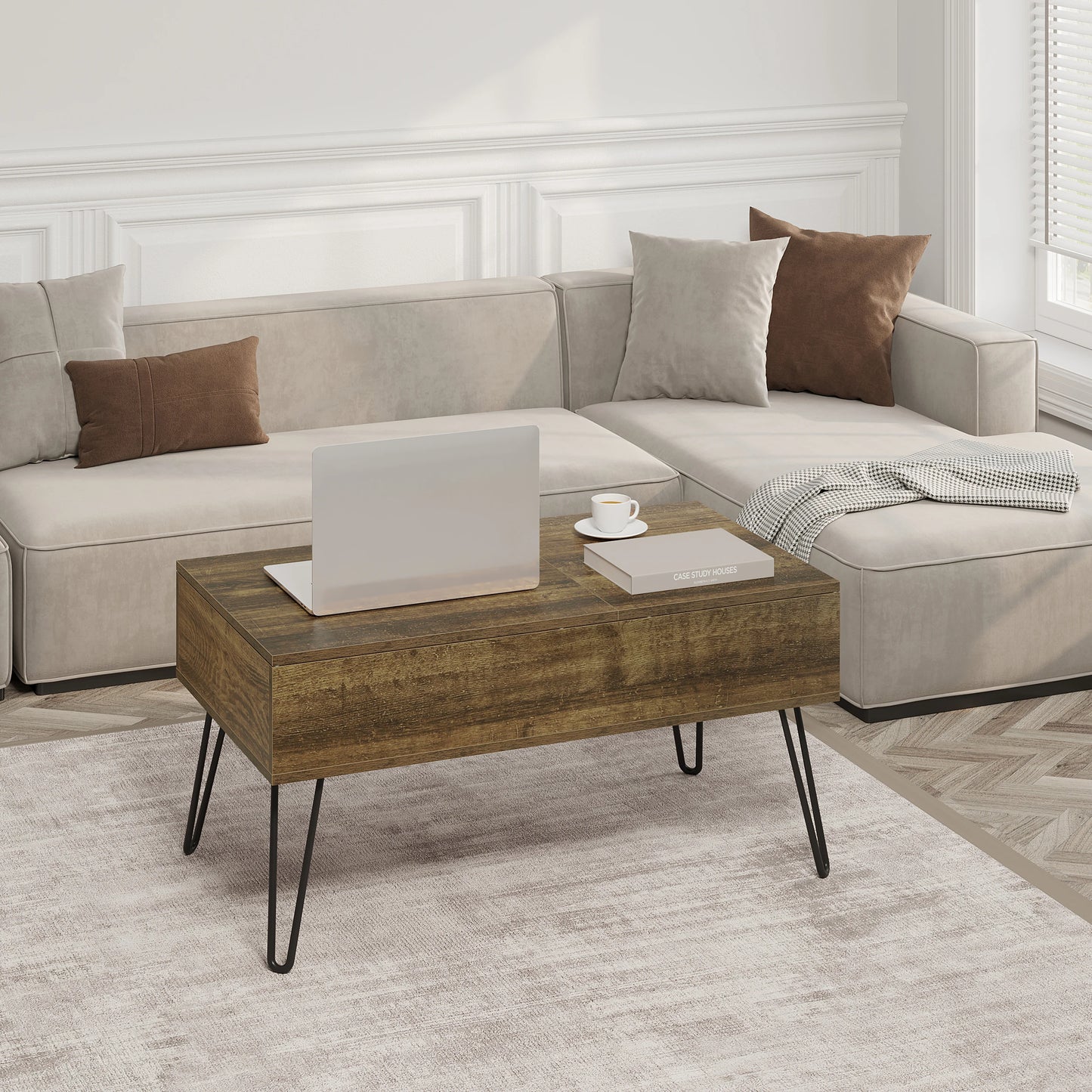 WOLTU Coffee Table Double Lifting Plate Sofa Table Height-Adjustable Pull-Out Living Room Table Separate Hidden Storage