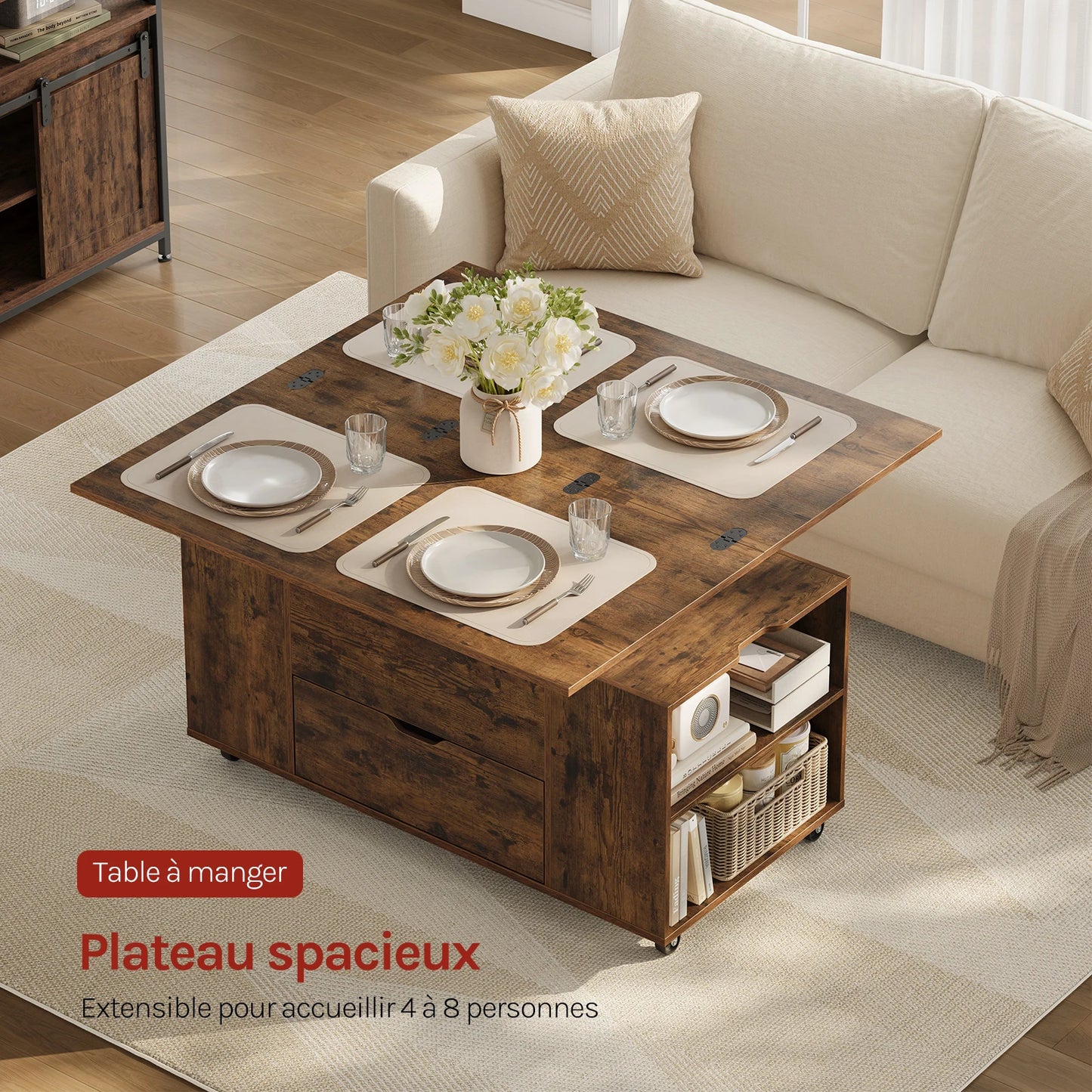 WOLTU Double Lift Top Coffee Table with Wheels Wood Sofa Table with Drawer and Storage Shelf Height-Adjustable Extendable for Living Room