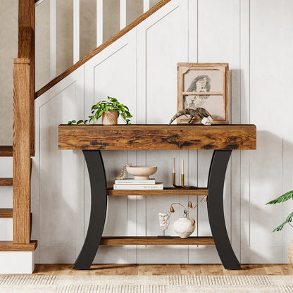 Console Valérie — style rustique, rangement intégré, 3 niveaux, étagères ouvertes