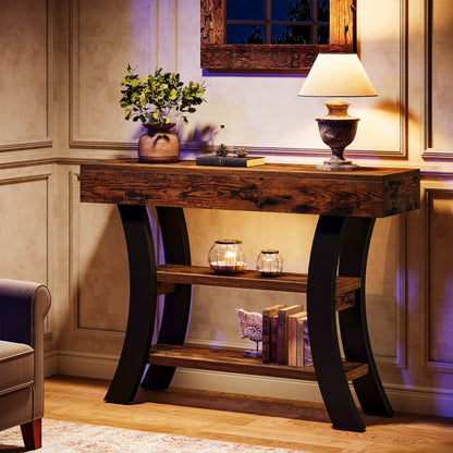 Console Valérie — style rustique, rangement intégré, 3 niveaux, étagères ouvertes