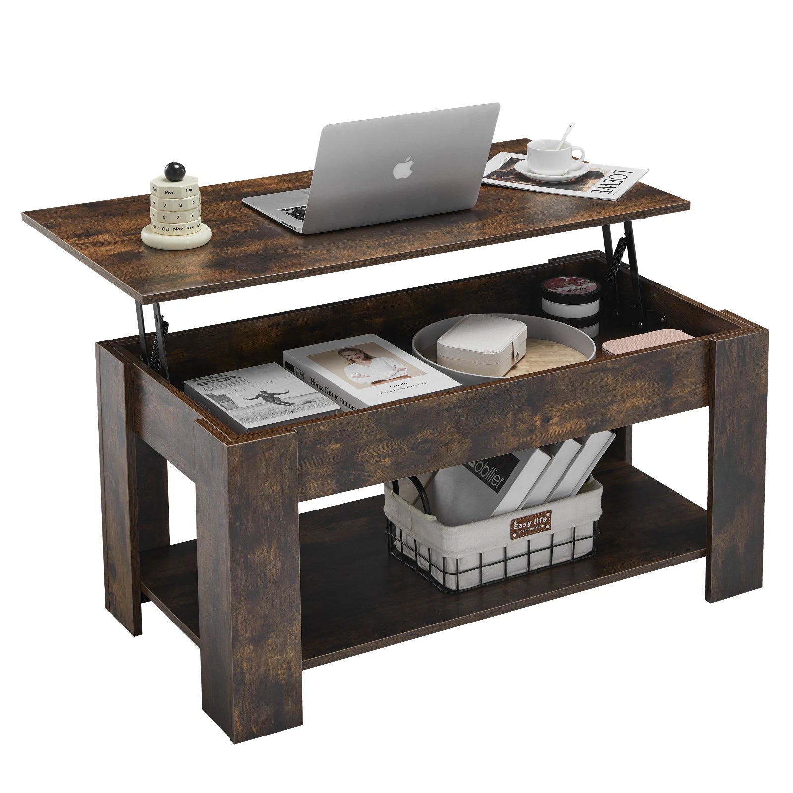Lift Top Coffee Table with Hidden and Open Storage Shelf, Wooden Sofa Side Tea Table, Extendable Center Table for Living Room