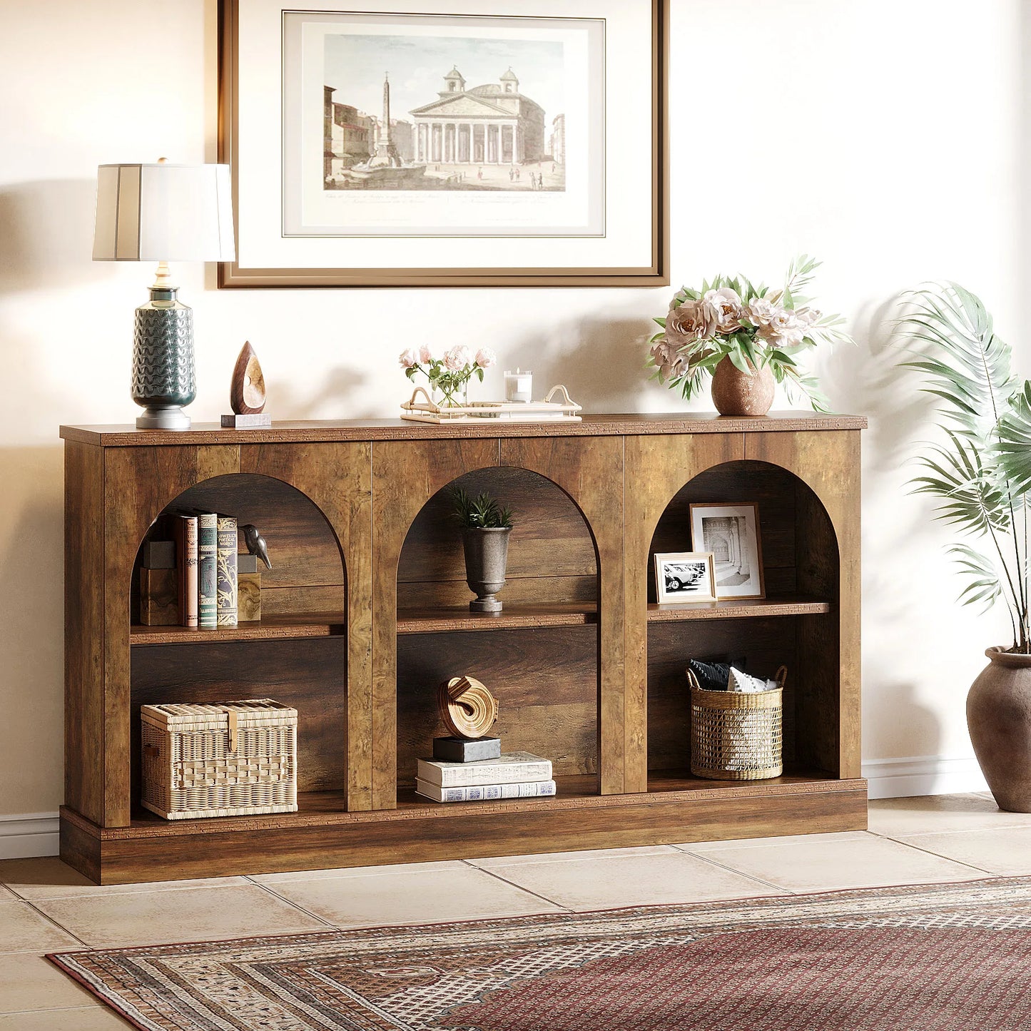 Console Éva — bois, métal, rangement intégré, 3 niveaux
