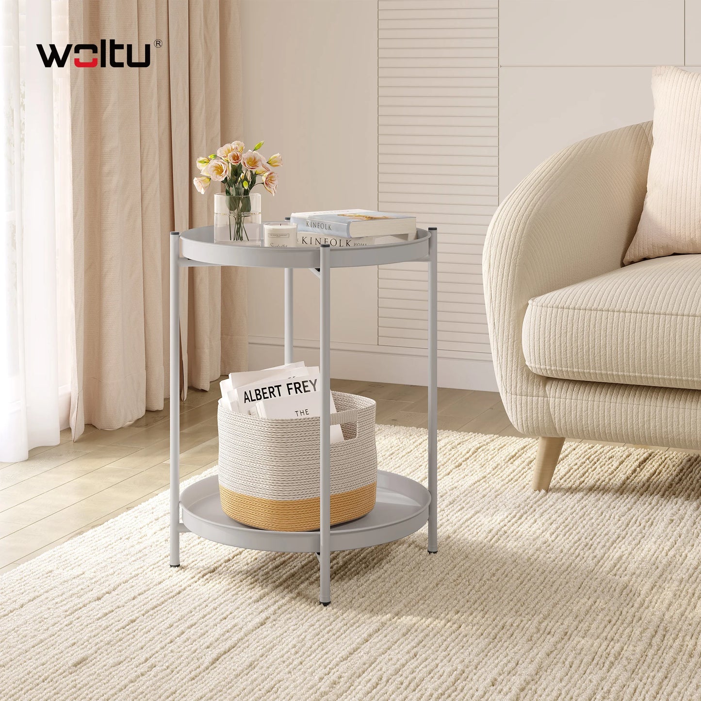 WOLTU Round Coffee Table with Storage Space 2 Removable Trays Metal Sofa Table for Living Room Modern Bedside Table for Bedroom