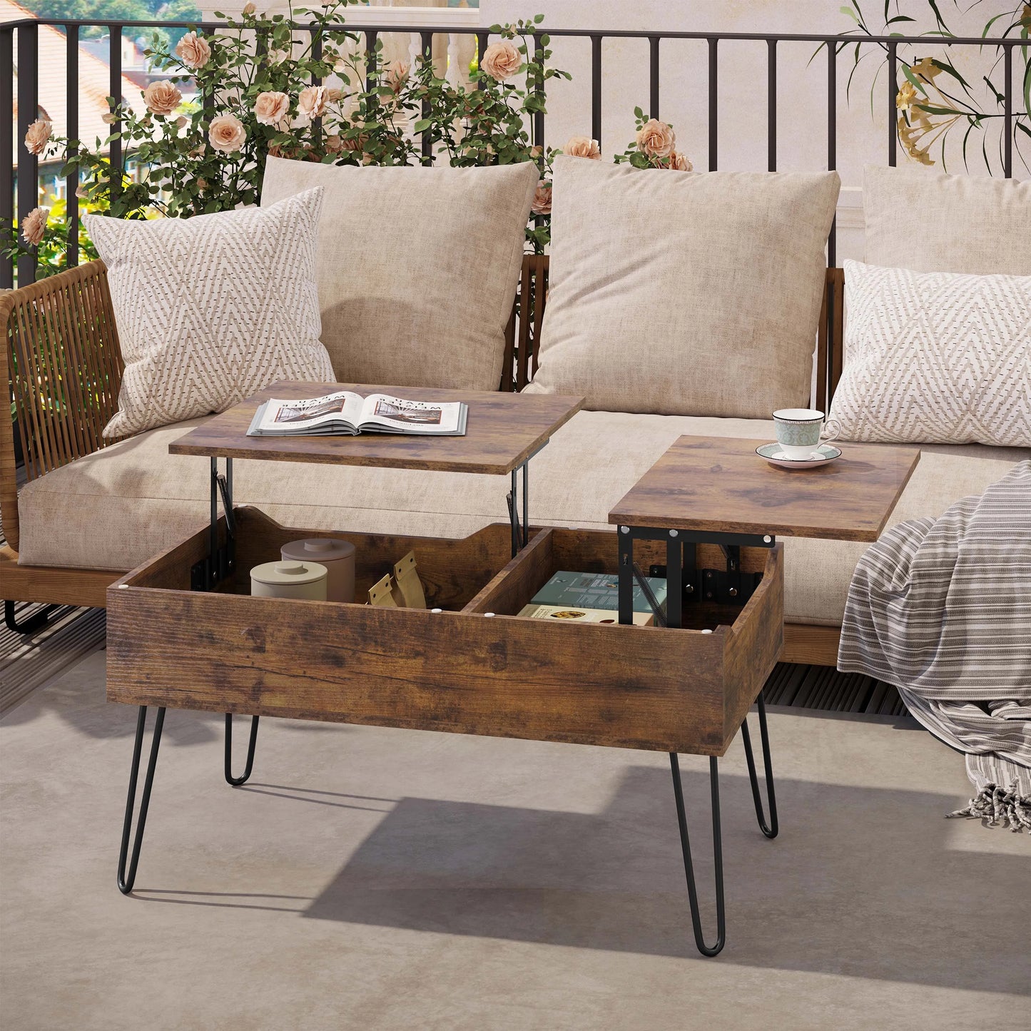 WOLTU Coffee Table Double Lifting Plate Sofa Table Height-Adjustable Pull-Out Living Room Table Separate Hidden Storage