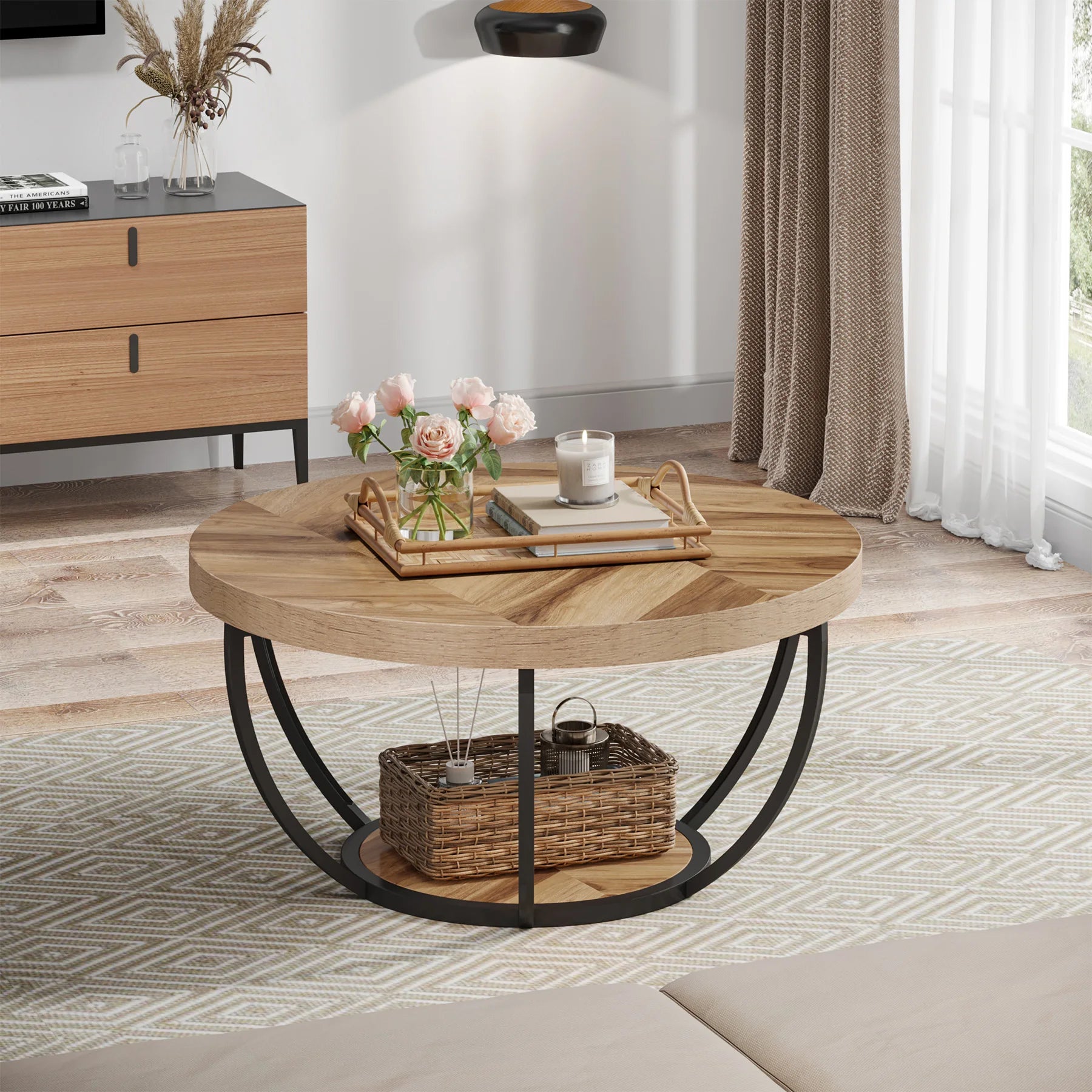 Table basse Jérôme — bois, style industriel, rangement intégré, 2 niveaux