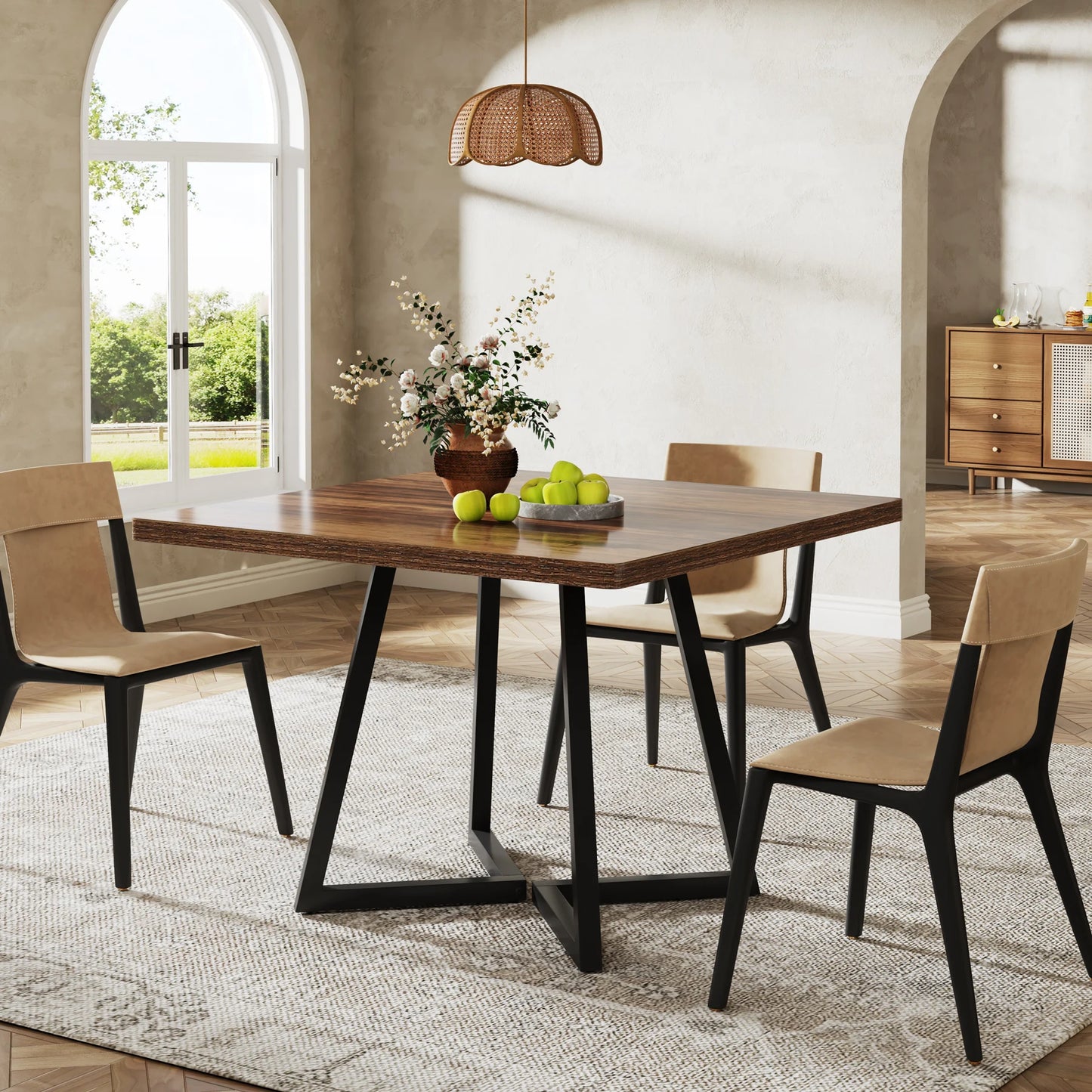 Table de salle à manger Astrid — bois, métal, style industriel, carrée