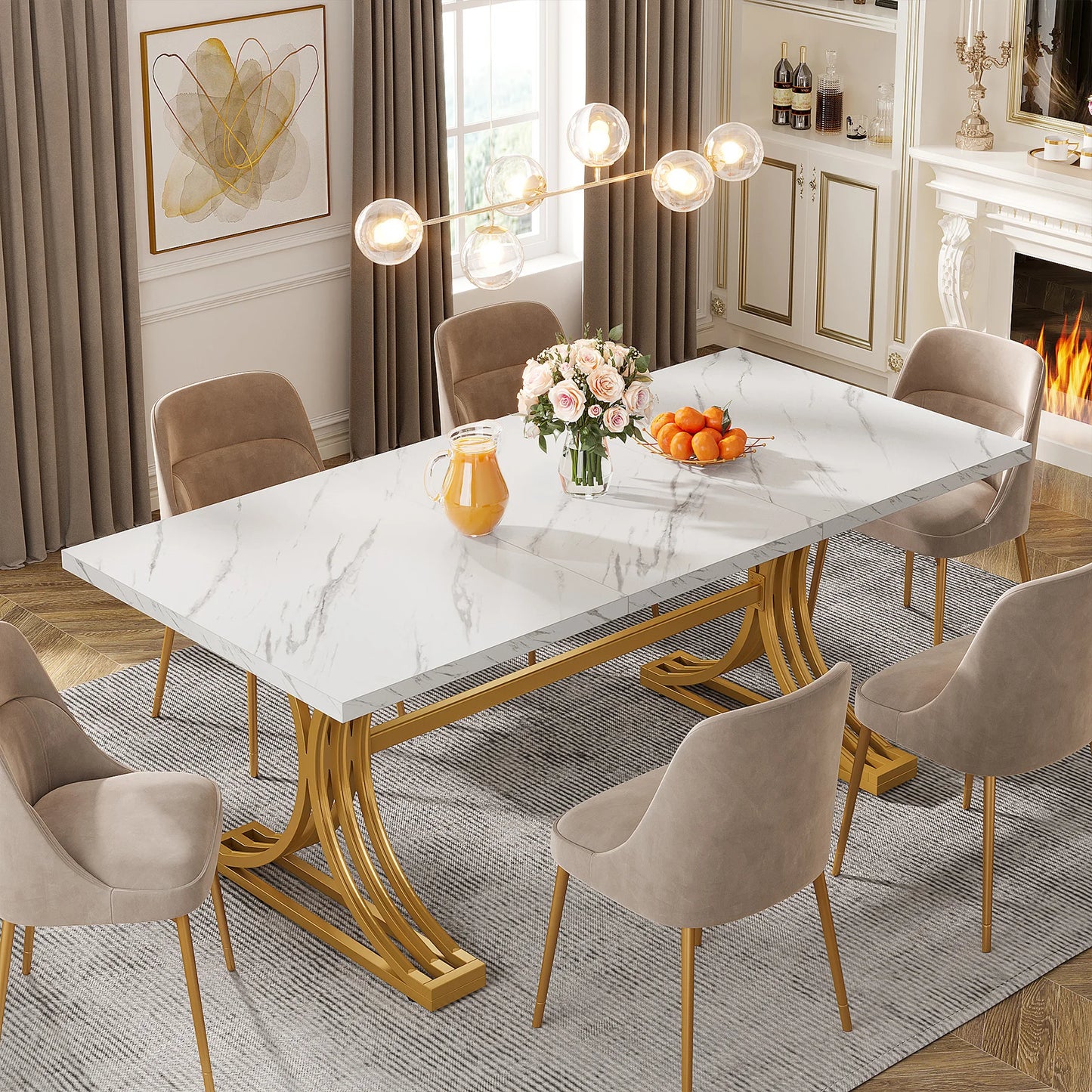 Table de salle à manger Louise — finition blanche, marbre, design contemporain, rectangulaire