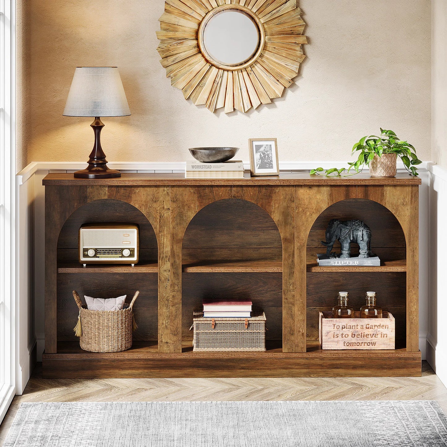 Console Éva — bois, métal, rangement intégré, 3 niveaux