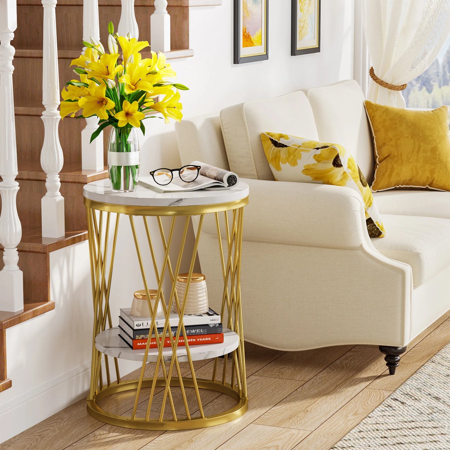 Table d'appoint Matthieu — finition blanche, marbre, design contemporain, rangement intégré