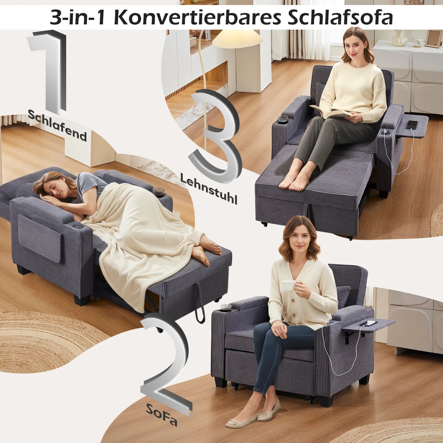 3-in-1 Single Sofa Bed with USB and Type-C, Adjustable Backrest TV Chair with Drink Holder and Armrest for Small Room Apartments