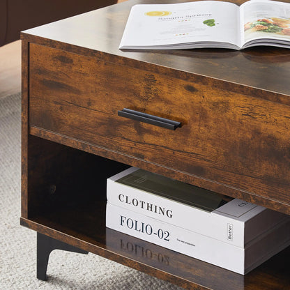 Coffee Table with Storage, Wooden Centre Table Living Room with 4 Drawers and 4 Open Shelves, Modern Rectangle Tea Table