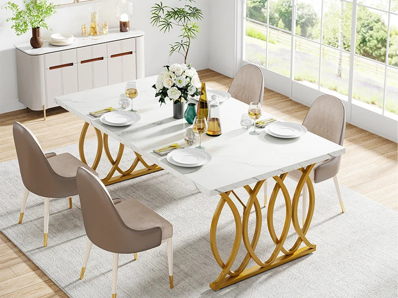Table de salle à manger Louise — finition blanche, marbre, design contemporain, rectangulaire