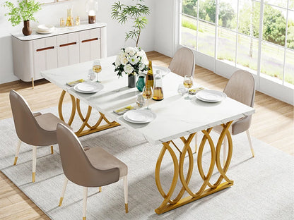 Table de salle à manger Louise — finition blanche, marbre, design contemporain, rectangulaire