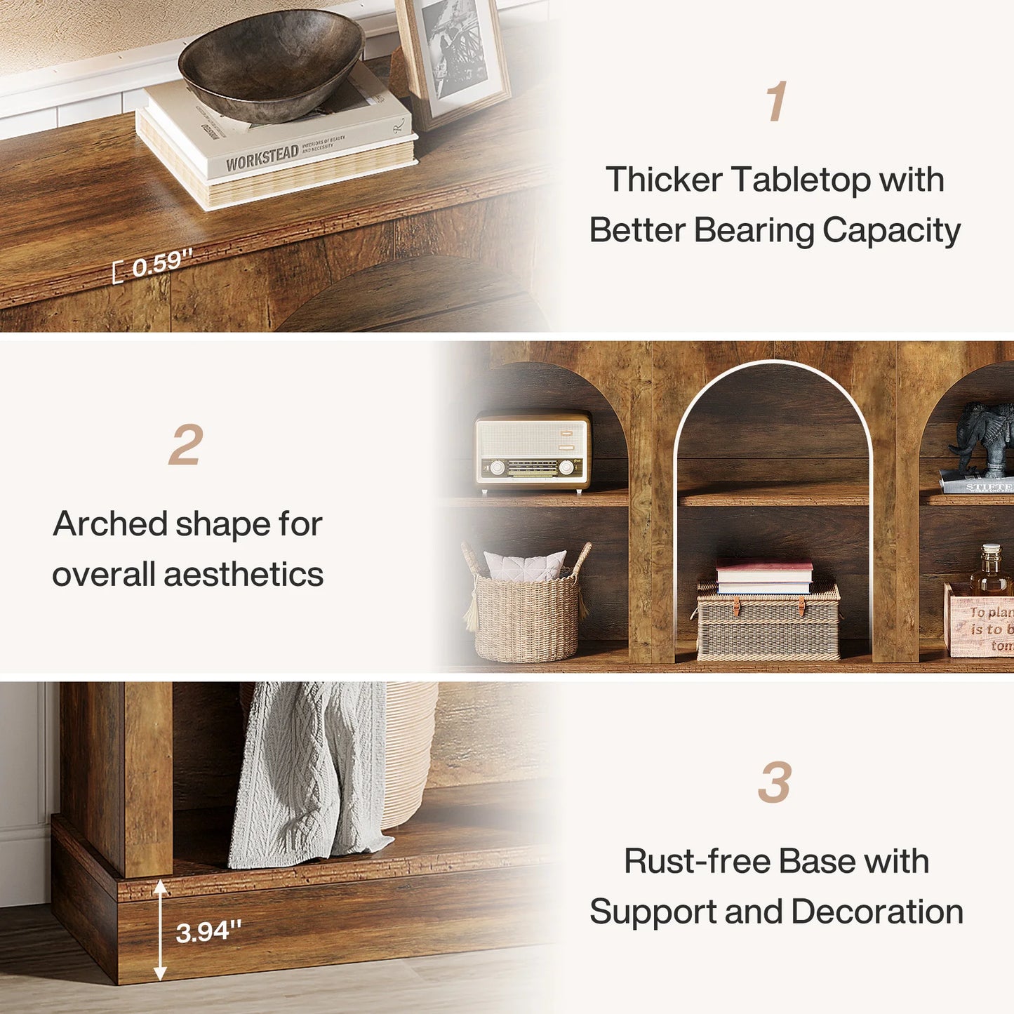 Console Éva — bois, métal, rangement intégré, 3 niveaux