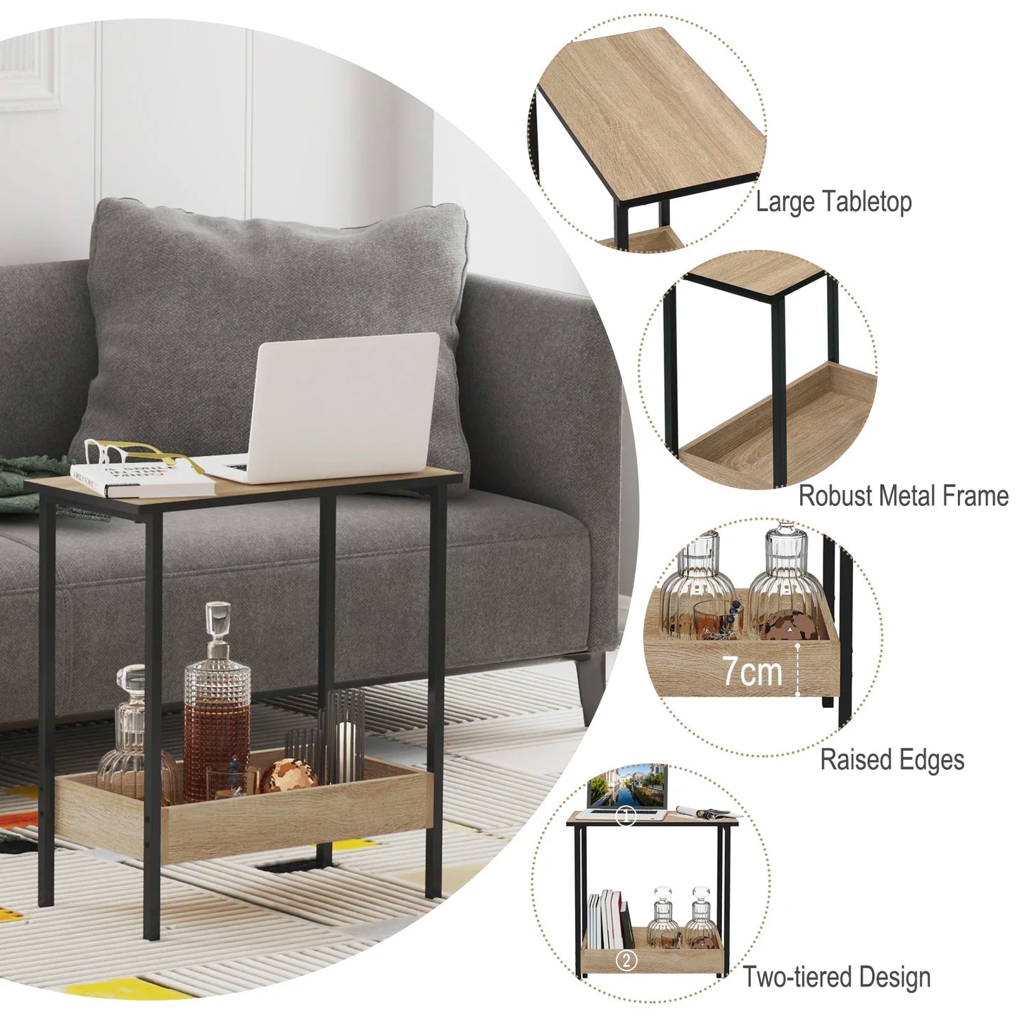 WOLTU Side Table Coffee Table with 2 Shelves Sofa Console Table with Storage Space for Corner Living Room Bedroom