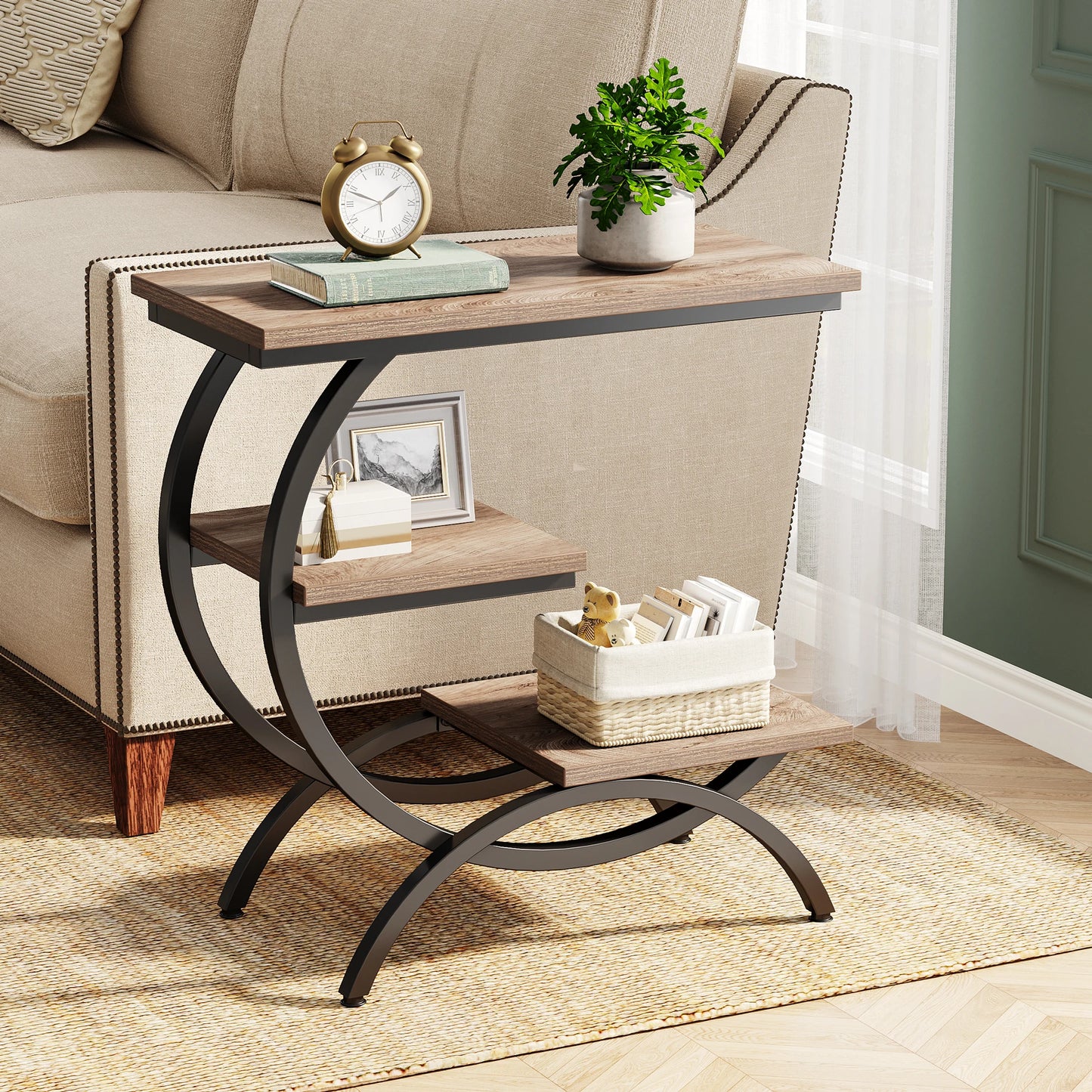 Table d'appoint Tanguy — bois, style industriel, rangement intégré, 3 niveaux