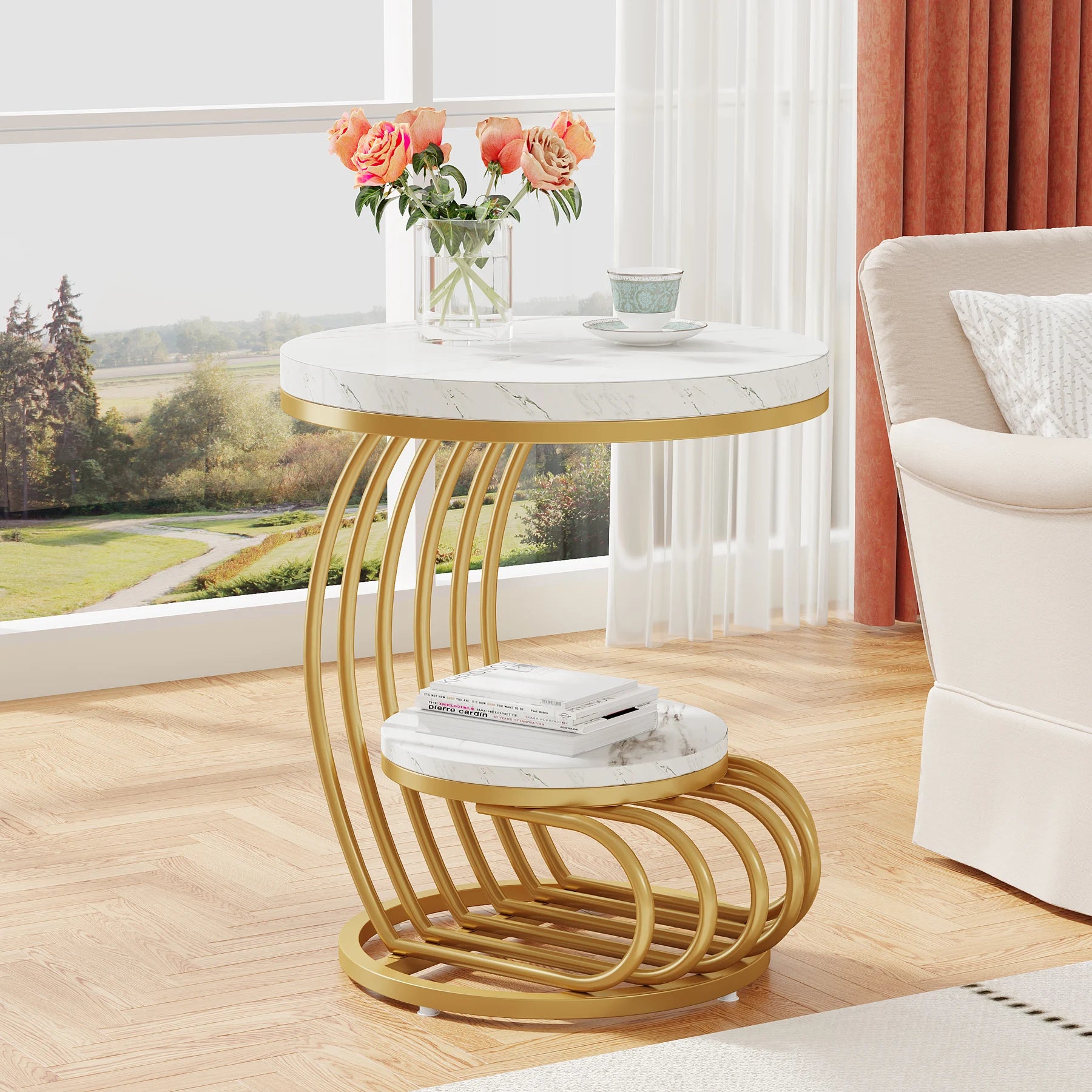 Table d'appoint Pénélope — finition dorée, marbre, design contemporain, rangement intégré