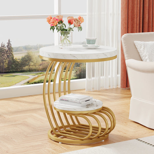 Table d'appoint Pénélope — finition dorée, marbre, design contemporain, rangement intégré
