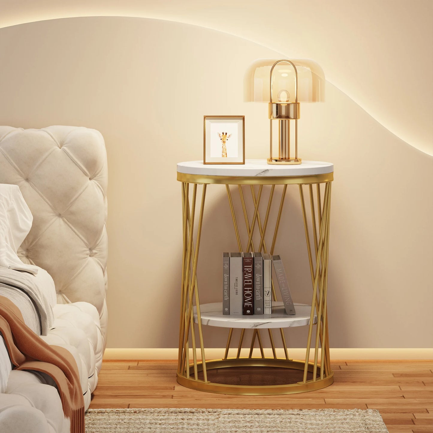 Table d'appoint Matthieu — finition blanche, marbre, design contemporain, rangement intégré
