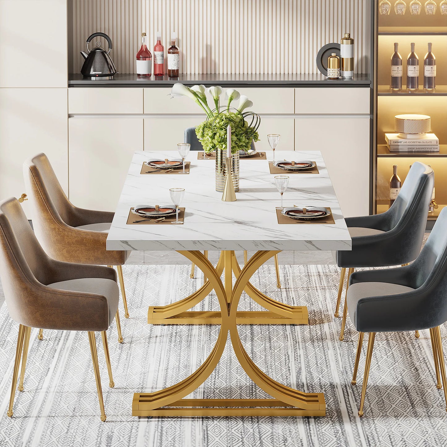Table de salle à manger Louise — finition blanche, marbre, design contemporain, rectangulaire