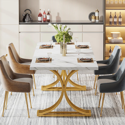Table de salle à manger Louise — finition blanche, marbre, design contemporain, rectangulaire
