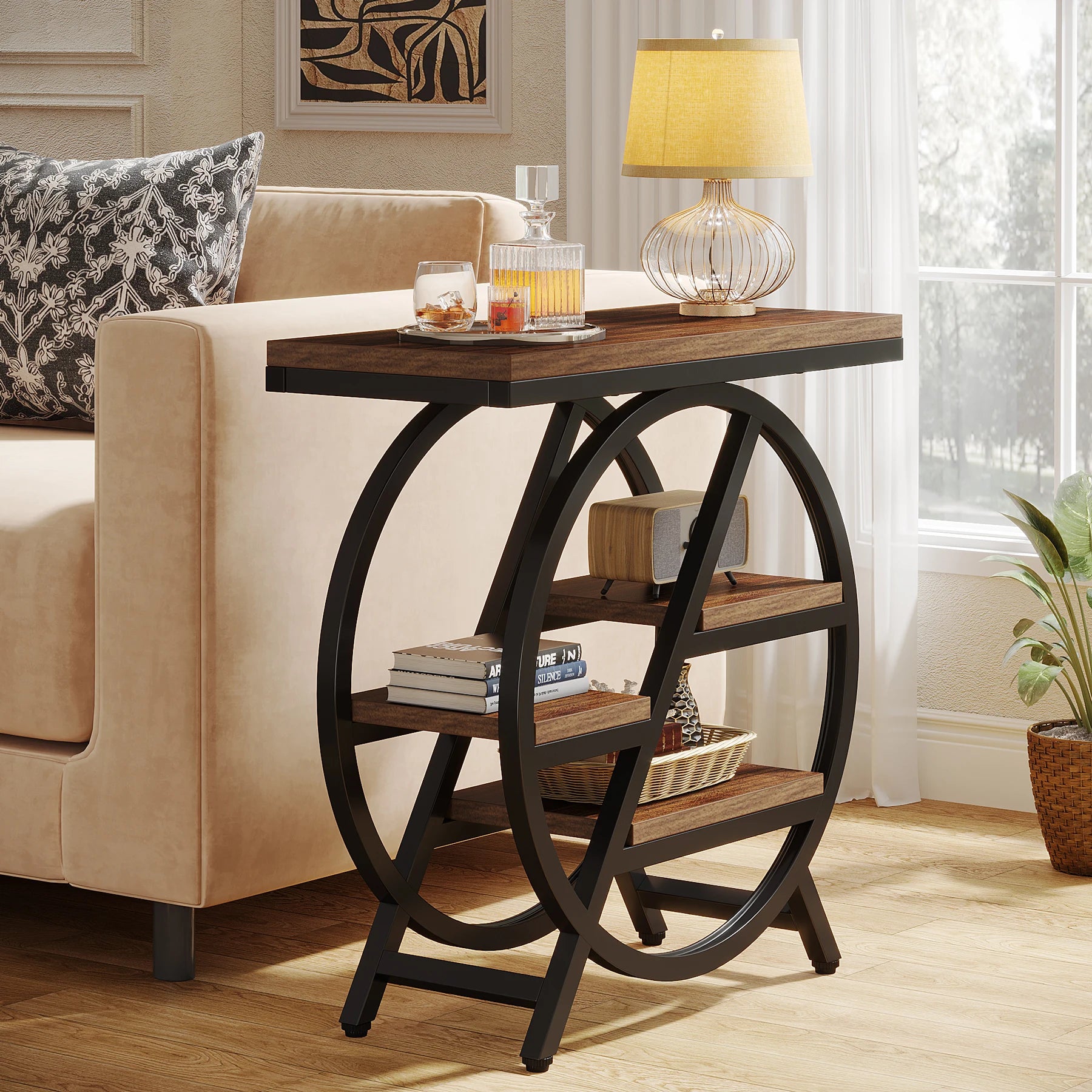 Table d'appoint André — bois, métal, rangement intégré, 3 niveaux